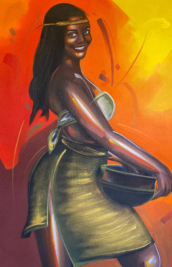 Woman in a gold dress against fiery colour