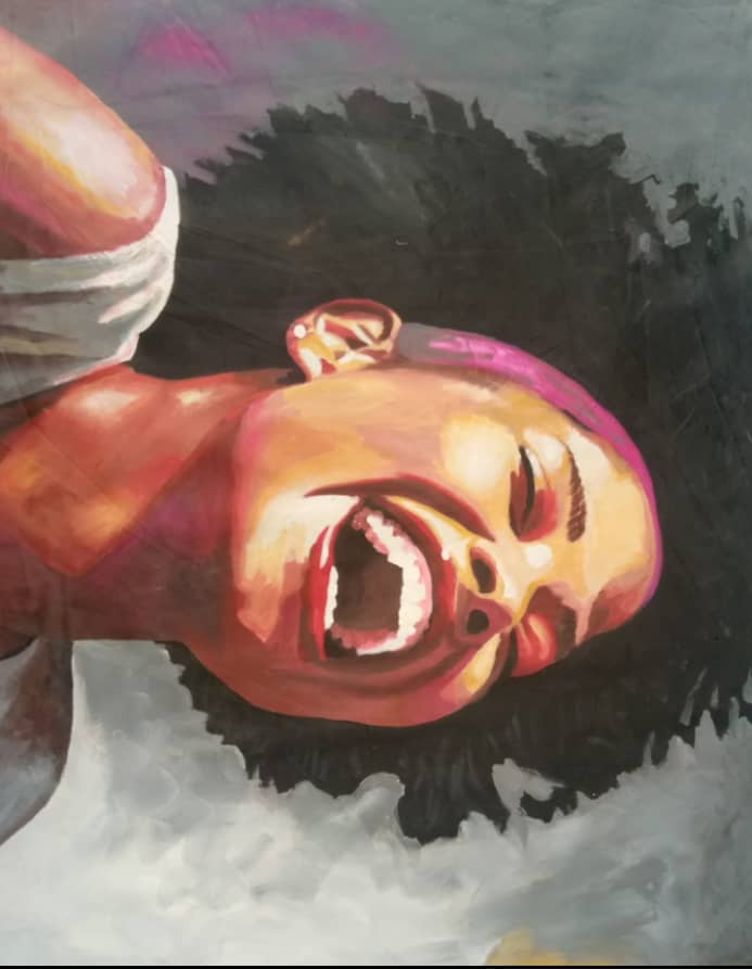 Woman laughing, tilted portrait