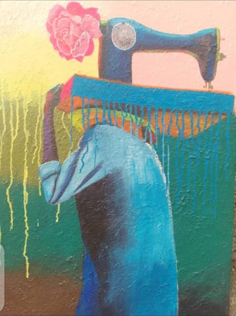 Painting of a figure at a sewing machine